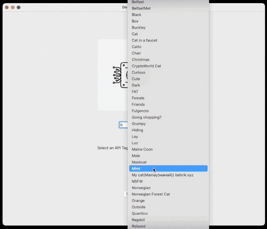 Gif of app that displays a Picker with a list of API tags when user types a character